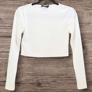 Cider Ribbed White Long Sleeve Crop Top | Size Medium | Crewneck Layering Fall